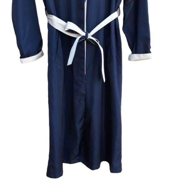 Vtg 80's Womens 6L Trench Coat Long Belted Sailor Back Color Block Black Cream - Picture 6 of 13